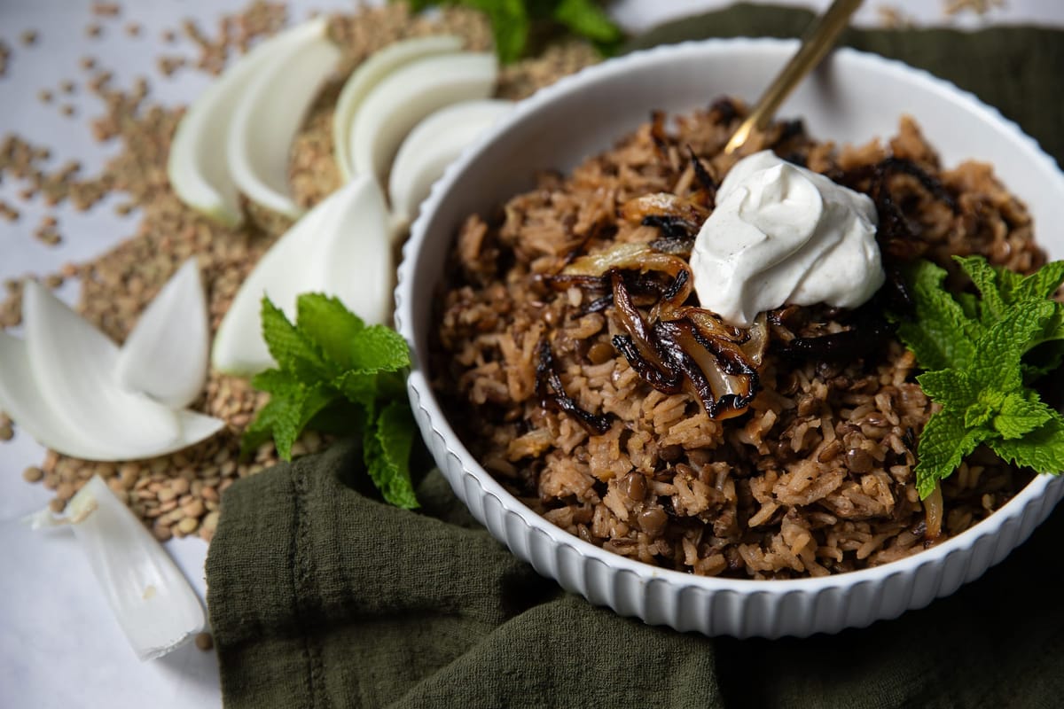 Lentils & Rice with Crispy Onions