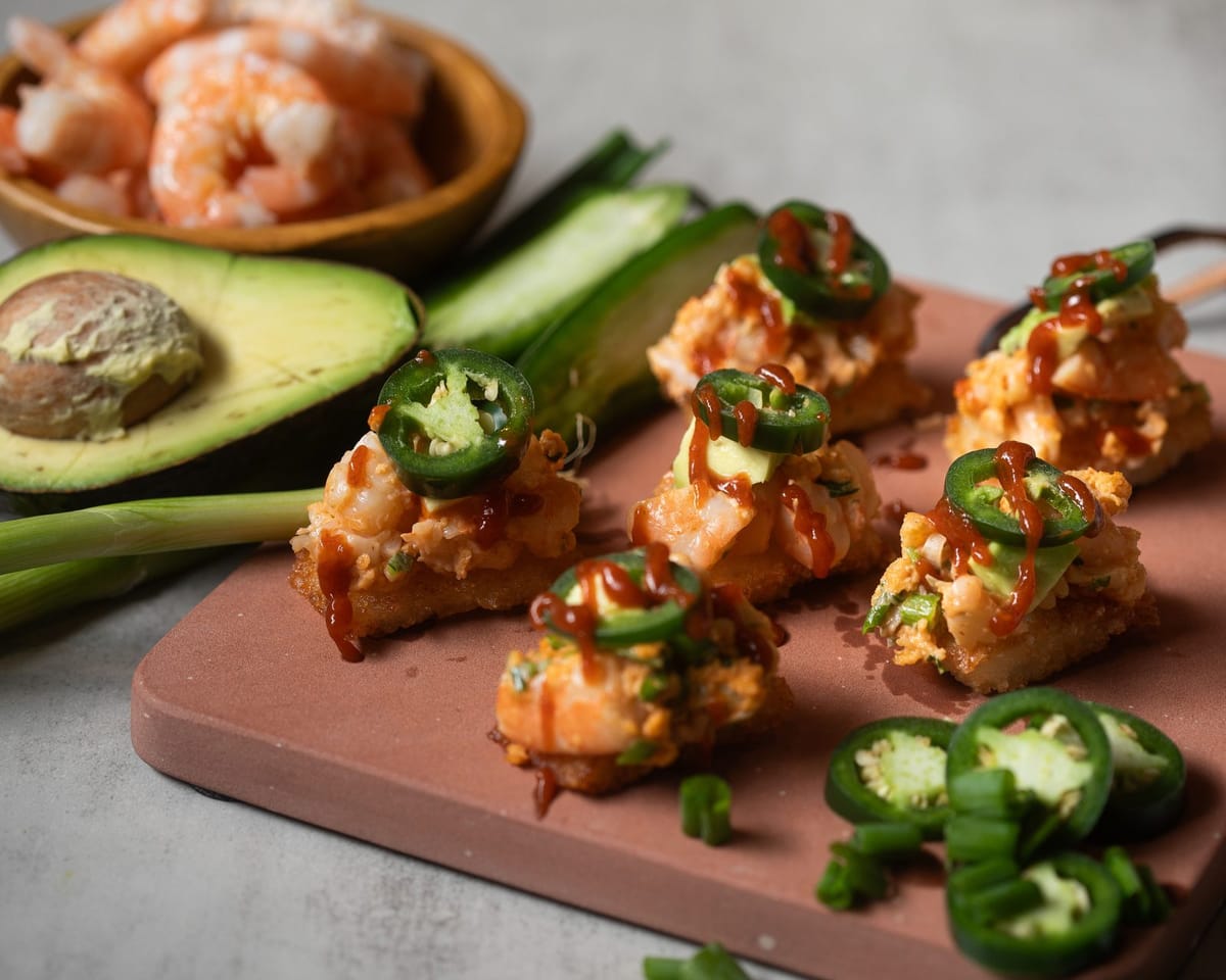 Rice Crispy Cake With Spicy Shrimp